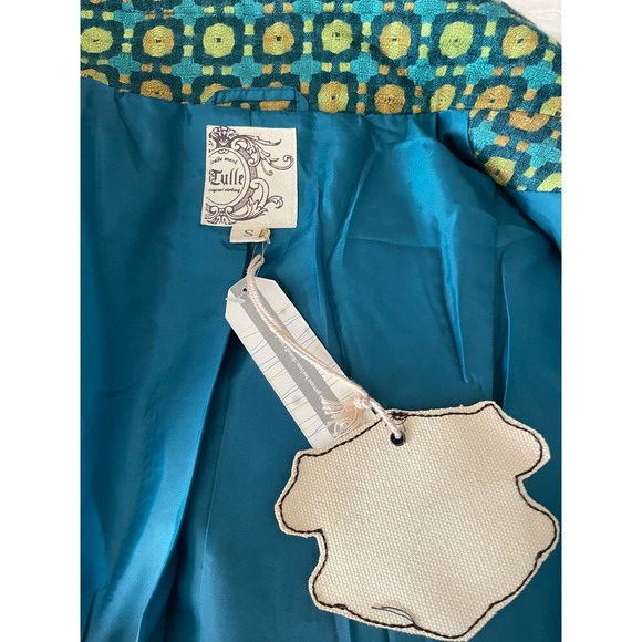 NWT Tulle Womens Geometric Print Dress Coat Pleated 3/4 Sleeve Size S Green - Picture 10 of 12